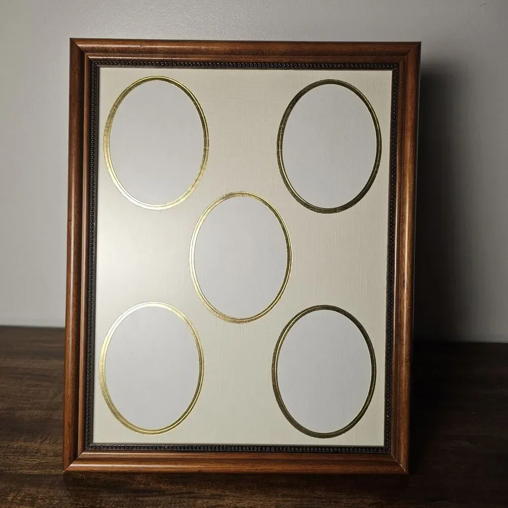 Vintage Collage 5 Photo Wood Picture Frame Oval Openings Gold Matting 12